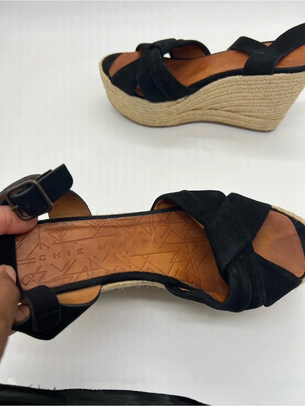Chie Mihara Black Suede Espadrille Wedge Sandals